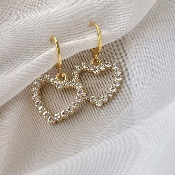 5/$25 Crystal Heart Charm Earrings Gold Huggie Hoops Rhinestone Heart Earrings - Picture 1 of 2